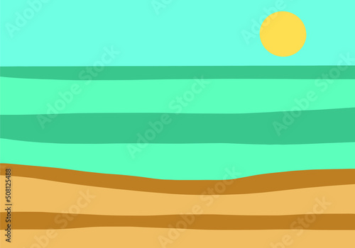Vector. Ilustración de bonito paisaje de verano en la playa con sol y franjas coloridas. 