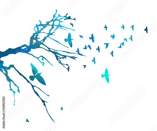 Realistic blue illustration with silhouettes of three birds - crows or ravens sitting on tree branch without leaves and flying, isolated on white background - vector