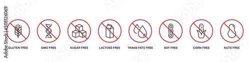 Free Allergen Ingredient Line Black Icon Set. No Sugar, GMO, Gluten, Dairy, Trans Fat, Soy, Corn, Nuts Stop Sign. Allergy Product Forbidden Symbol. Vegan Food Logo. Isolated Vector Illustration