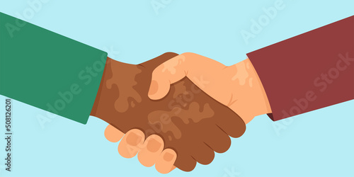 Handshake. World Vitiligo Day vector background, hands with pigmentation skin. Healthcare illustration