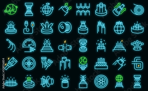 Optic fiber icons set outline vector. Cable wire. Broadband internet vector neon