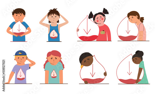 Children with hypoglycemia, low blood sugar, prediabetes. Set of characters with people. Vector illustration in flat style photo