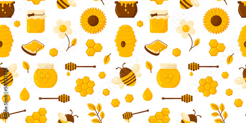 Honey vector seamless pattern, cartoon golden bee and honeycomb, hexagon isolated on white background. Cute illustration
