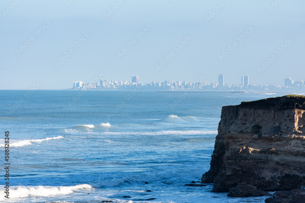 Mar del Plata, landscape seaside city, sea and cliff on a sunny day