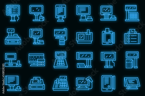 Touchscreen cash register icons set outline vector. Point sale. Register cash vector neon