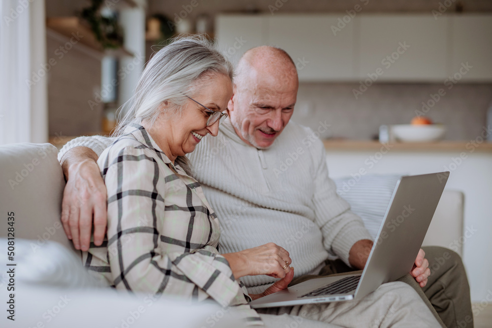 Senior couple sitting on sofa and using laptop together.