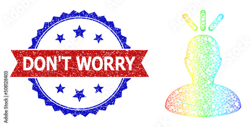 Net headache model icon with spectrum gradient, and bicolor dirty Don'T Worry seal stamp. Red stamp seal includes Don'T Worry tag inside blue rosette. Colorful carcass mesh headache icon.