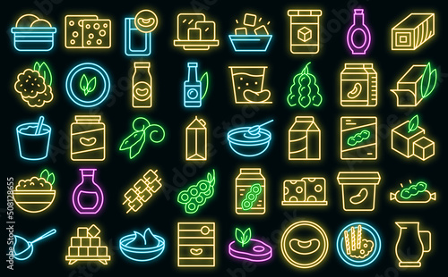 Soy food icons set outline vector. Milk soya. Drink food vector neon
