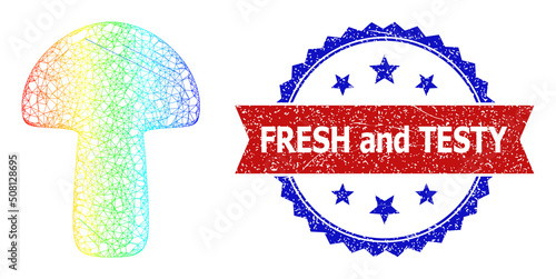 Net mushroom frame icon with spectrum gradient, and bicolor textured Fresh and Testy stamp. Red stamp includes Fresh and Testy tag inside blue rosette. Colorful carcass mesh mushroom icon.