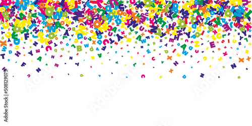 Falling letters of English language. Bright flying words of Latin alphabet. Foreign languages study concept. Bizarre back to school banner on white background.