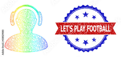 Network listen music model illustration with spectral gradient, and bicolor rubber Let'S Play Football stamp. Red stamp seal has Let'S Play Football tag inside blue rosette.
