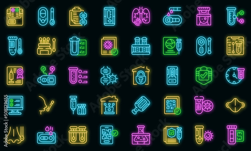 PCR test icons set outline vector. Covid analysis. Corona test vector neon