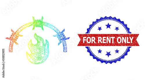 Net mesh fire jail wireframe icon with rainbow gradient, and bicolor scratched For Rent Only stamp. Red stamp contains For Rent Only tag inside blue rosette. Bright carcass mesh fire jail icon.