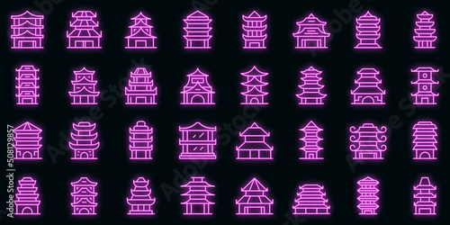 Pagoda icons set outline vector. Asian temple. Roof building vector neon