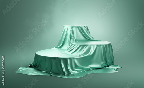 An empty stage studio with silk draped over objects ready for product placement. 3D illustration.