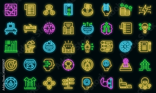 Comfort zone icons set outline vector. Coach challenge. Life courage vector neon
