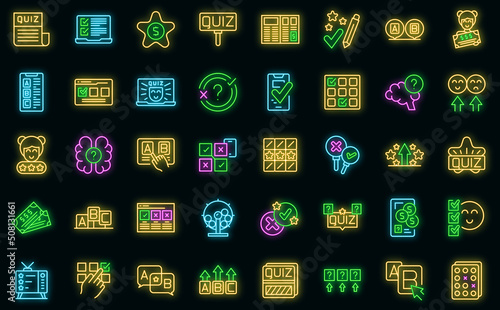 Quiz icons set outline vector. Bubble poll. Exam trivia vector neon