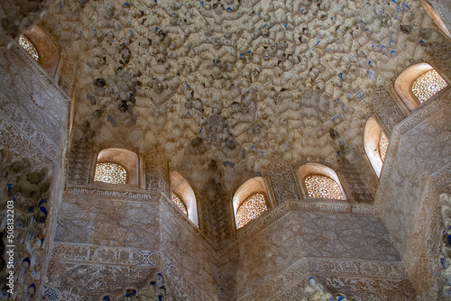 Ornamental ceiling and walls in Nasrid Palaces in the Alhambra palace Granada, Andalusia, Spain