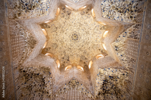 Ornamental ceiling and walls in Nasrid Palaces in the Alhambra palace Granada, Andalusia, Spain