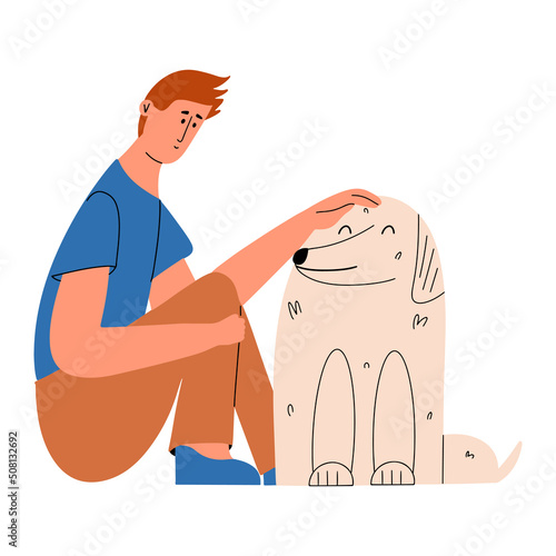 The guy pets the dog. A man communicates with his beloved pet. Emotional support dog. Vector illustration