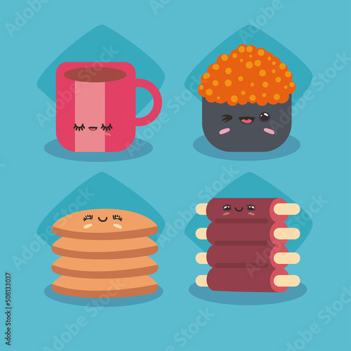 four flat kawaii foods