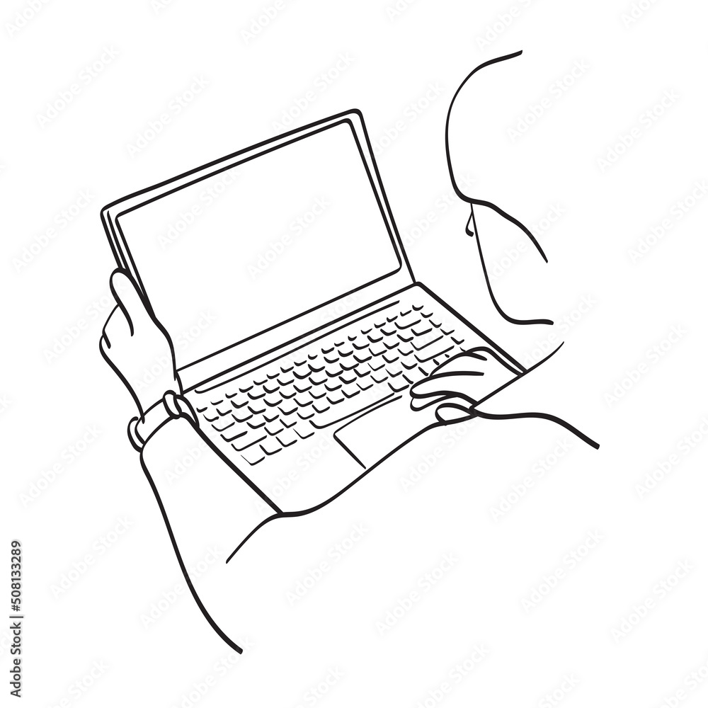 line art rear view closeup businessman using laptop computer with blank screen illustration vector hand drawn isolated on white background line art rear view closeup businessman using laptop computer with blank screen illustration vector hand drawn isolated on white background