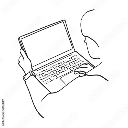 line art rear view closeup businessman using laptop computer with blank screen illustration vector hand drawn isolated on white background