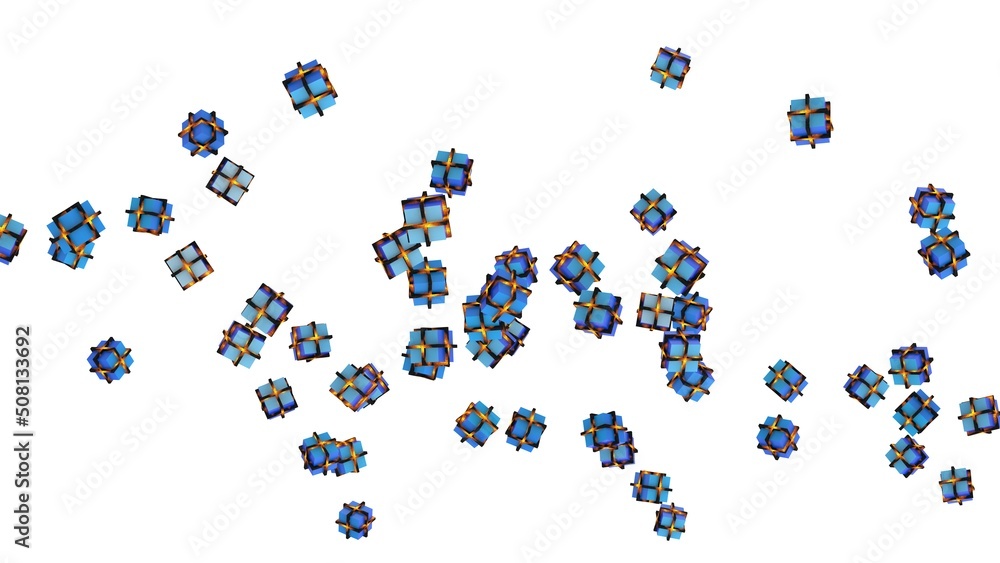 Orange illuminated blue-white cubes under white background. Block chain network technology concept illustration. 3D illustration. 3D CG. 3D high quality rendering. 