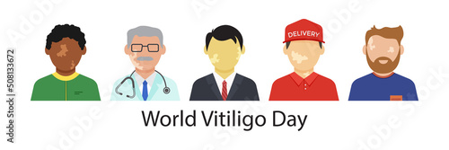 Vitiligo vector character, pigmentation skin on different people, portrait of international men. World Vitiligo Day illustration