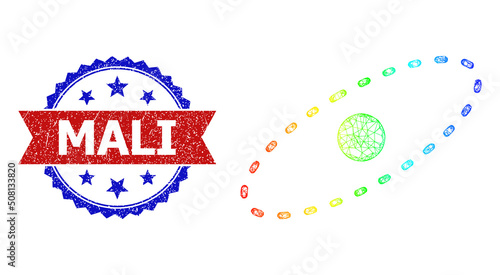 Net mesh electron orbit carcass icon with spectral gradient, and bicolor textured Mali seal stamp. Red stamp seal contains Mali tag inside blue rosette. Colored frame net electron orbit icon.