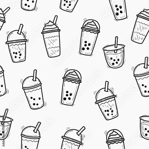 Bubble milk tea seamless pattern in cute doodle drawing style with a black and white color suitable for background