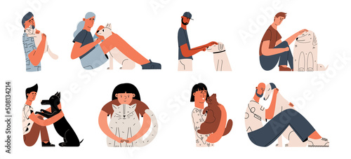 Animal emotional support hand drawn style icons set. People with animals. Woman with a dog. Man with a cat.
