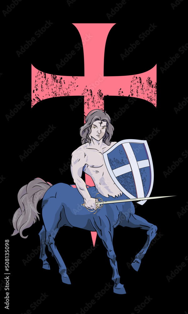 vector illustration of a centaur with sword and shield in front of a ...