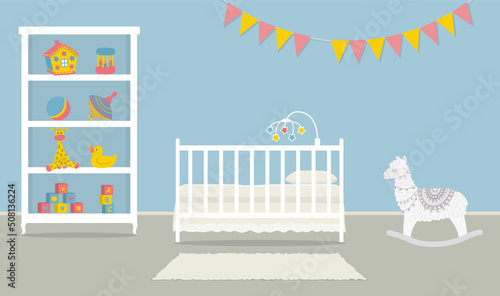 Kid's room for a newborn baby. Interior bedroom for a baby in a blue color. There is a cot, a wardrobe with toys, a rocking llama and other things in the picture. Vector illustration