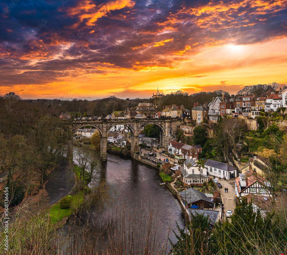 Knaresborough
Town in England
Knaresborough is a market and spa town and civil parish in the Borough of Harrogate, North Yorkshire, England, on the River Nidd 3 miles east of Harrogate. 