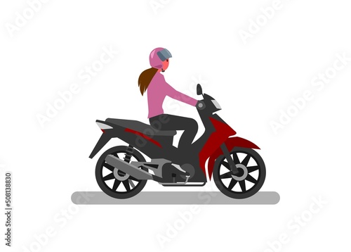 Young woman riding motorcycle. Side view. Simple flat illustration. 