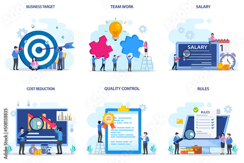 Set bundle Business concept. business target, team work, salary, qost reduction, quality control & rules.