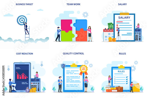Set bundle Business concept. business target, team work, salary, qost reduction, quality control & rules.
