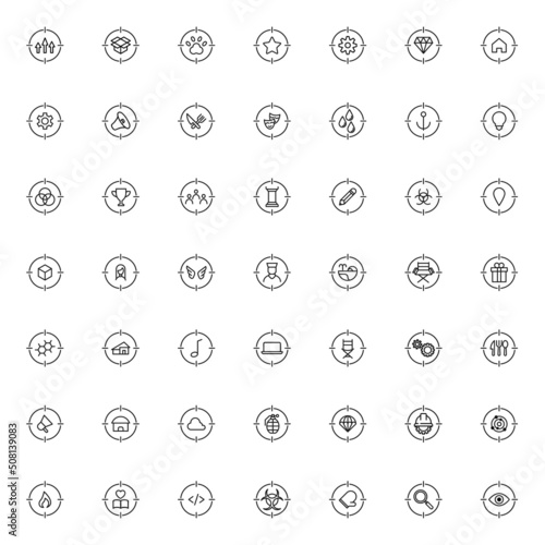 Simple black and white illustration perfect for web sites, advertisement, books, articles. Line icon collection with vector icons of winner cup, box, paw, gear, house, arrows inside of target