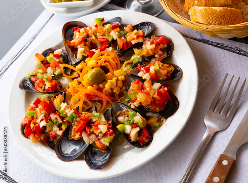 Spanish dish - vinaigrette with mussels. High quality photo