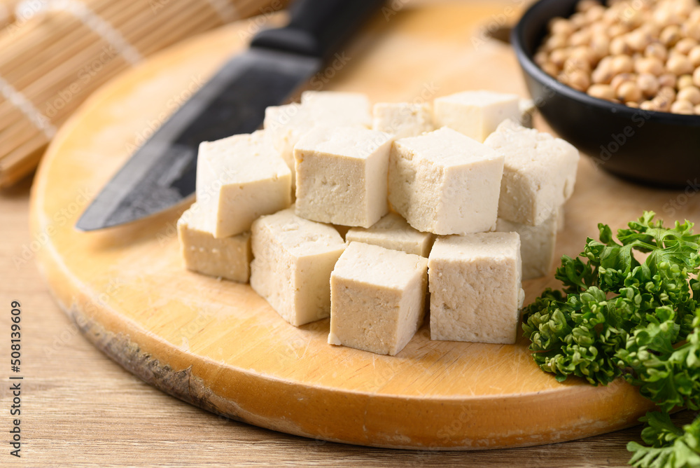 Homemade tofu with soybean seed, Vegan food ingredients in Asian cuisine, Plant based