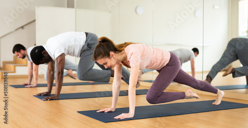 Obraz na plátně Concentrated sporty young woman doing intense bodyweight workout in fitness studio, performing mountain climber exercise in plank pose