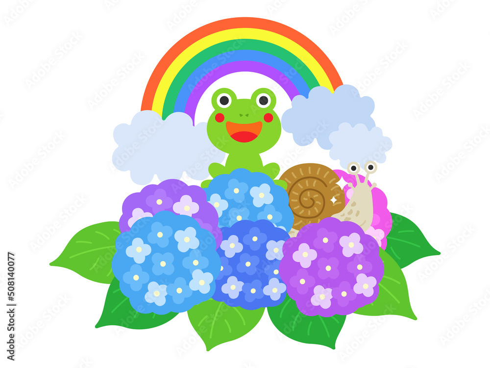 アジサイの花の上にいる、カエルとカタツムリのイラスト