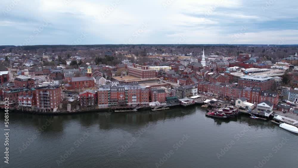 Aerial View of Portsmouth, New Hampshire USA, Riverfront Buildings and Cityscape Skyline, Drone Shot Aerial View of Portsmouth, New Hampshire USA, Riverfront Buildings and Cityscape Skyline, Drone Shot