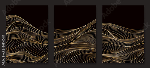 Abstract dark art background in Japanese style with golden wave line. Hand drawn vector design for decoration, interior design, wallpaper, print, packaging