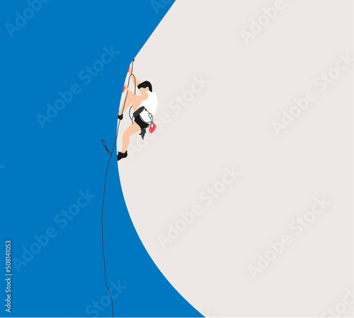 Climber man in sportswear with rope training on climbing rock wall. Tough and healthy discipline. Adventure park. Vector cartoon flat illustration