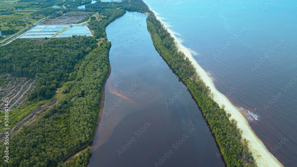 Aerial drone view of coastline scenery in Kampung Badong, Kuala Rompin, Pahang, Malaysia