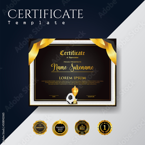 Soccer Game Certificate Diploma With Golden Cup Set Vector. Football. Sport Award Template. Achievement Design