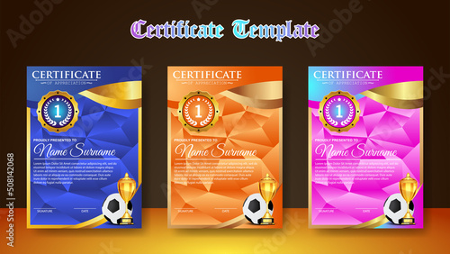 Soccer Game Certificate Diploma With Golden Cup Set Vector. Football. Sport Award Template. Achievement Design