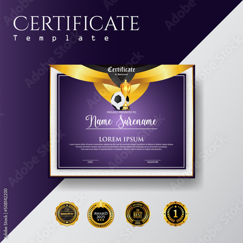 Soccer Game Certificate Diploma With Golden Cup Set Vector. Football. Sport Award Template. Achievement Design